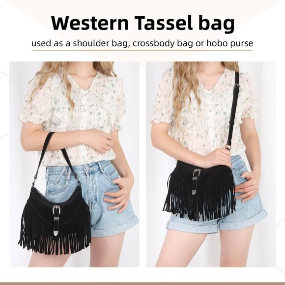 Fringe Hobo Purse for Women Tassel Shoulder Bag Vintage Suede Crossbody - Picture 2 of 7